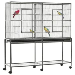 Rolling 65"L Bird Cage – Large Flight Cage with Storage Shelf, Wood Perches, Food Containers, Removable Divider, Multiple Access Doors