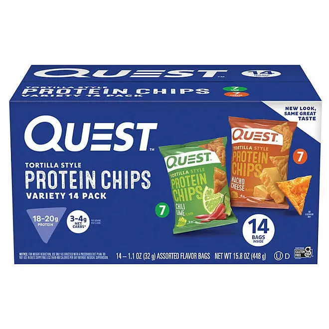 Quest Tortilla Style 18-20g Protein Chip Variety Pack, Chili Lime and Nacho Cheese 14 ct. Snack Crispy