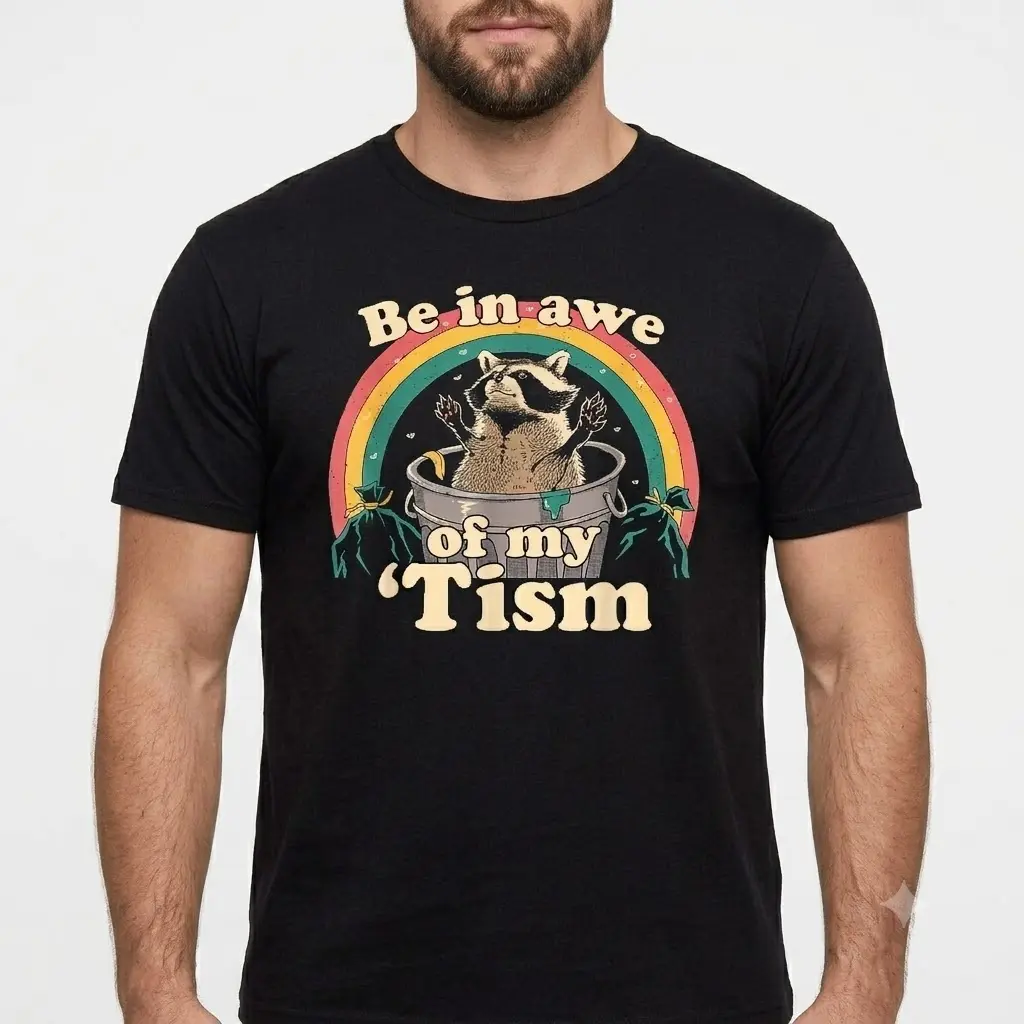 Men's Relaxed Fit Tshirt with 'Be In Awe Of My 'Tism' Raccoon Meme Graphic, Classic Soft Combed Cotton Menswear