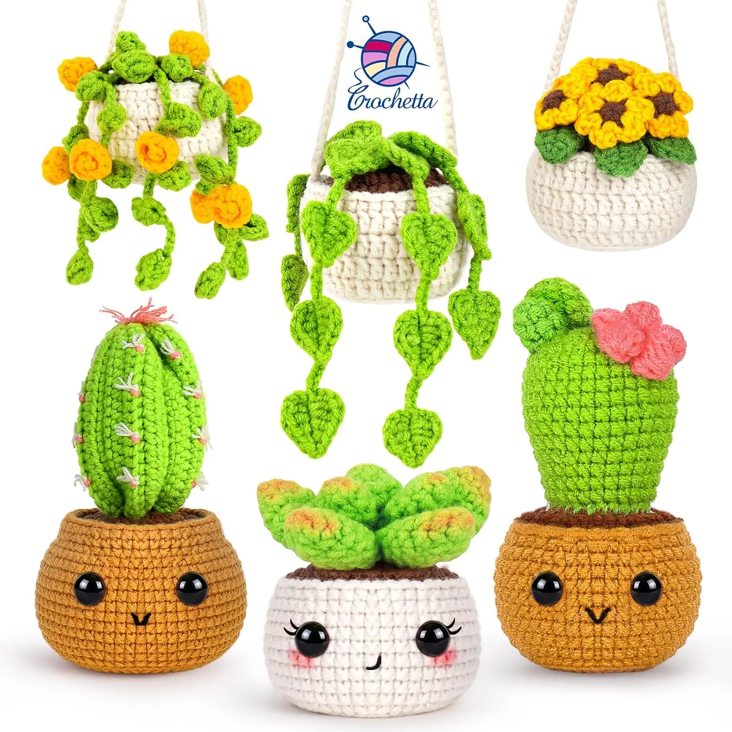 Crochet Kit for Beginners, Crochet Starter Kits for Adults, Amigurumi Craft Knitting Crocheting Kits with Step-by-Step Video Tutorials, 6 Pc Hanging Potted Plants Family(40%+ Yarn