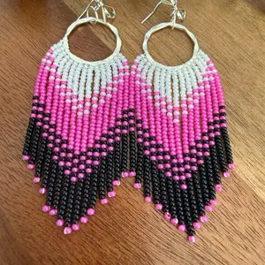 Handmade Beaded Earrings with Pink and Black Gradient Fringe Design for Stylish Accessory