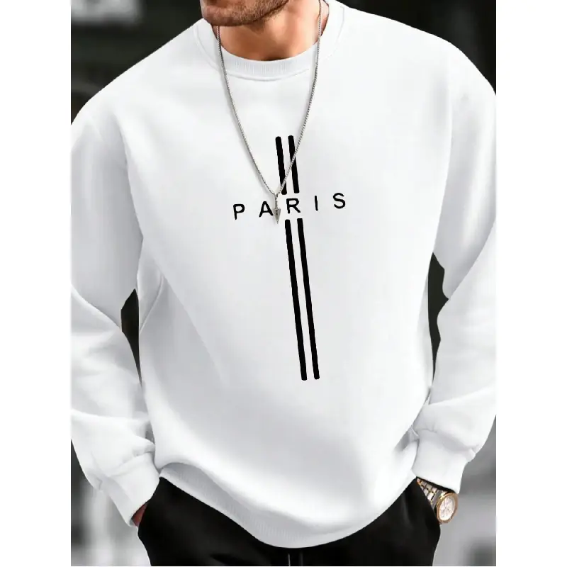 Men's Longsleeve Sweatshirt, Casual Letter & Striped Print Pullover, Thermal Lined Loose Fit Top for Fall & Winter, Longsleeves, Menswear, Tops, Machine Washable, Pull On