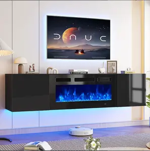 【2 Packages Shipping】70" Floating TV Stand with 36" Electric Fireplace, Wall Mounted Fireplace Entertainment Center with Storage, Fire Place TV Console for Living Room, All Black