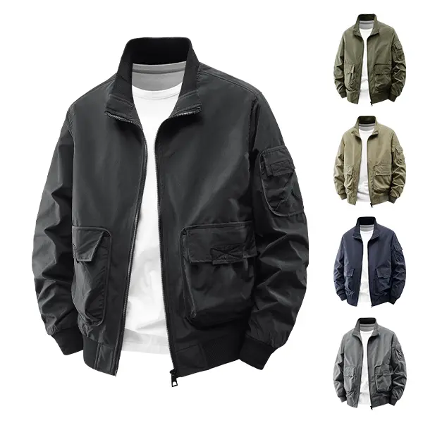 Men’s Classic Baseball-Collar Aviator Jacket - Long Sleeve Menswear, 4-Color Multi-Pocket Cargo Casual Outerwear with Durable Fabric for Spring & Autumn, Sleeves