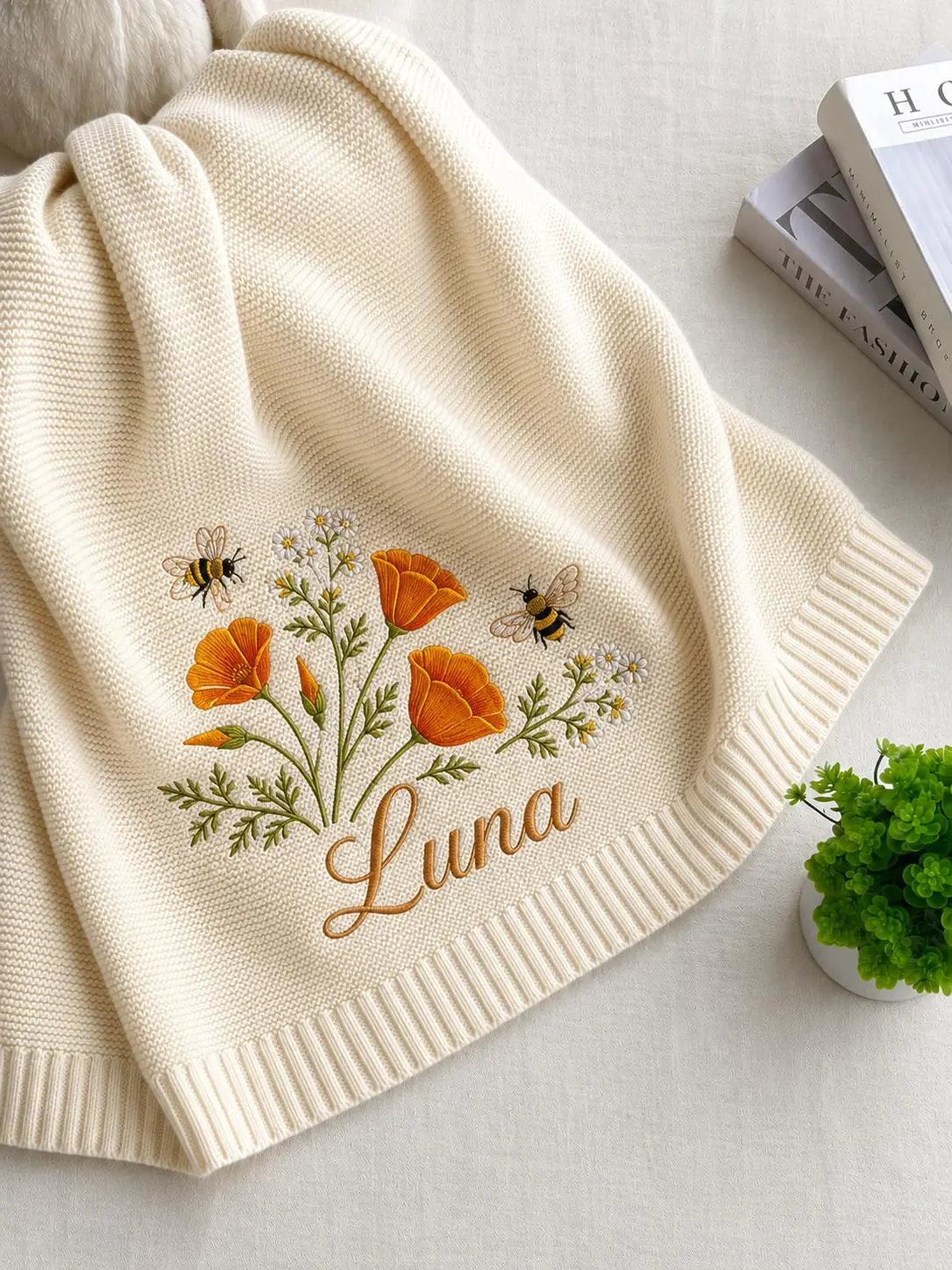[Made-to-Order] Personalized Orange Poppy Embroidered Baby Blanket, Custom Name Knit Blanket with Ladybug Floral Design, Wildflower Nursery Keepsake, Newborn Gift