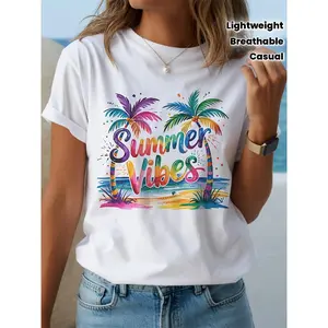 Women's Y2K Tropical Palm Tree T-Shirt - Lightweight Loose Fit Short Sleeve Beach Shirt with Palm Print, Round Neck Casual Summer Outfits Suitable for Vacation, Spring Blouse Style Gift for Beachwear (Light Pink/Purple/Blue/Yellow)