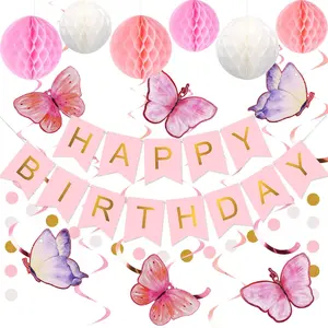 Birthday Decorations, Happy Birthday Banner with Honeycomb Balls, Butterfly Hanging Swirl Streamers, Circle Dots Garland, Party Decorations for Women Men Boys Girls (Pink)