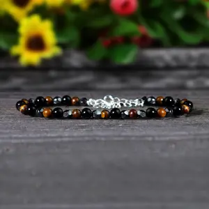 Natural Black Obsidian Tiger Eye Hematite 3mm Beads Healing Spiritual Triple Protection Bracelet for Women Men Faceted Beads Adjustable Bracelet
