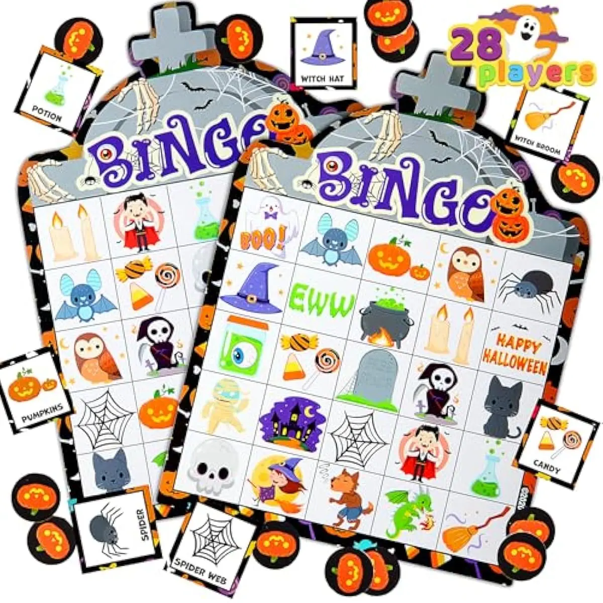 28 Players Halloween Bingo Game Cards for Kids, Halloween Bingo Cards for Classroom School Family Group Activities, Halloween Party Adults Kids Indoor Card Games