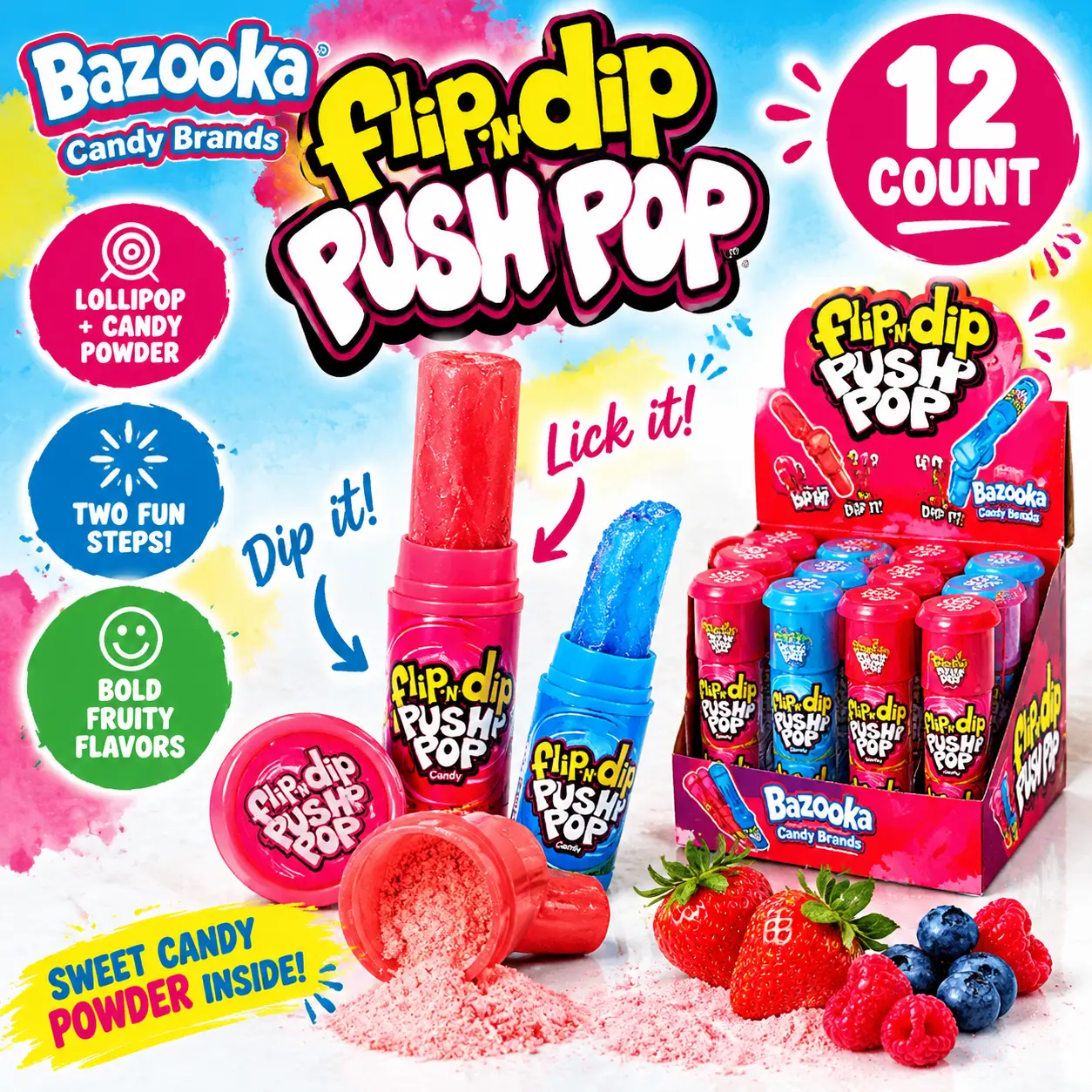 Bazooka UK Import Flip N Dip Push Pop Lollipop Candy 12 Count Novelty Candy