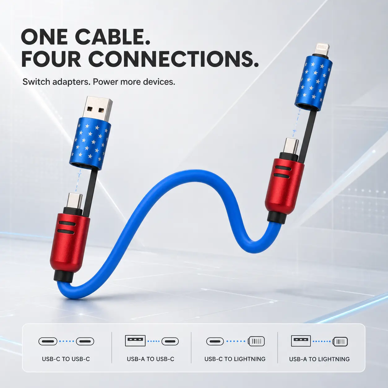 Patriotic Red, White and Blue Star Design 4-in-1 Charging Cable 240W Fast Charging, with USB-C, USB-A and Lightning Adapters for Phones, Tablets and Laptops