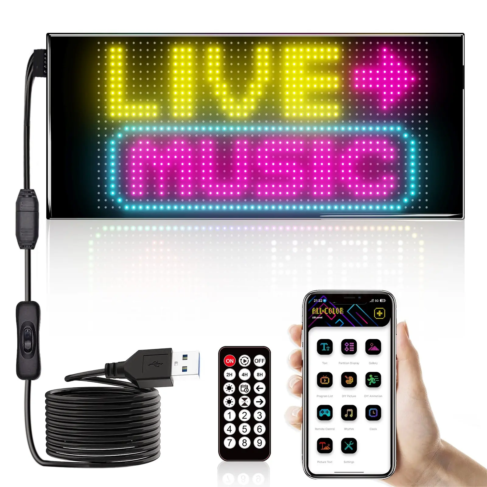 Programmable LED scrolling display, dual-row display, APP control + remote control, USB-powered, customize text/patterns/animations, suitable for store advertising, promotion, and decoration, Customizable Led Lights