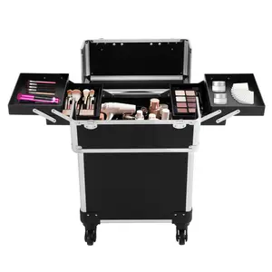 Rolling Makeup Travel Case with 4 Expandable Compartments, Aluminum Alloy & MDF Professional Makeup Case, 13.23 lbs Capacity Beauty Salon Organizer, Retractable Pull Rod & Removable Wheels, Lockable for Travel, for Makeup Artist, Hair Stylist