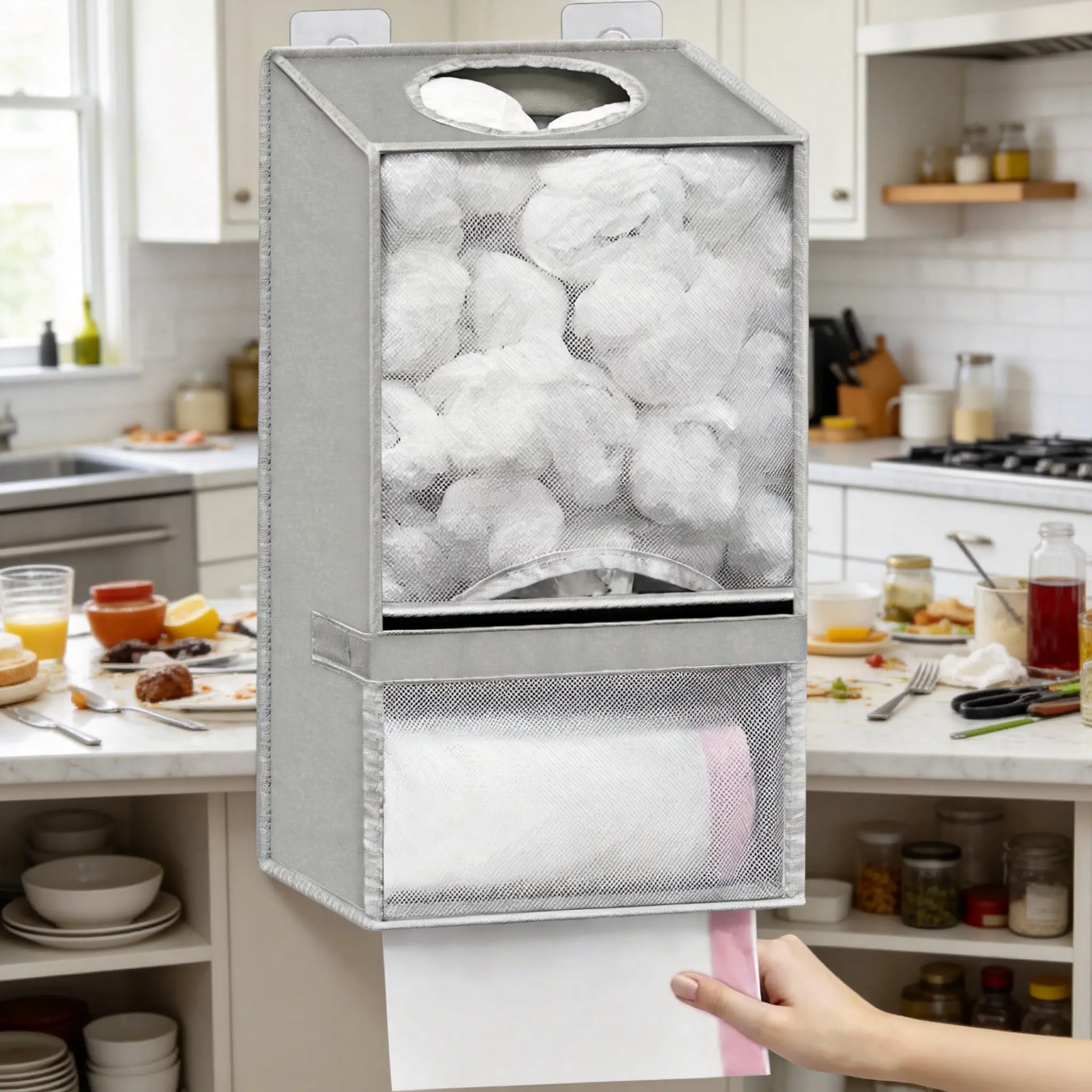 Wall Mounted Grocery Bag Organizer, No-Drill Plastic Bag Storage Dispenser, Hanging Trash Bag & Food Storage Bag Holder, Space Saving Kitchen Organizer for Pantry, Laundry Room & Home