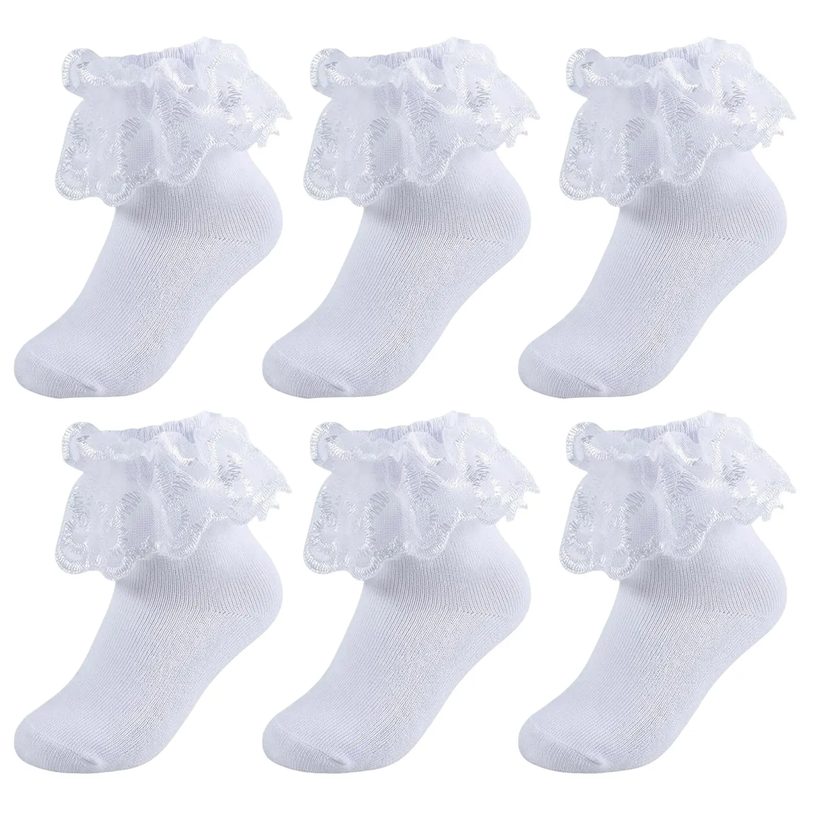 Girls' White Lace Ruffle Socks, Stretchy Cotton-Blend Fold-Over Mid-Calf Dress Socks for Kids, Frilly Socks for School, Pageants, Weddings and Everyday Wear