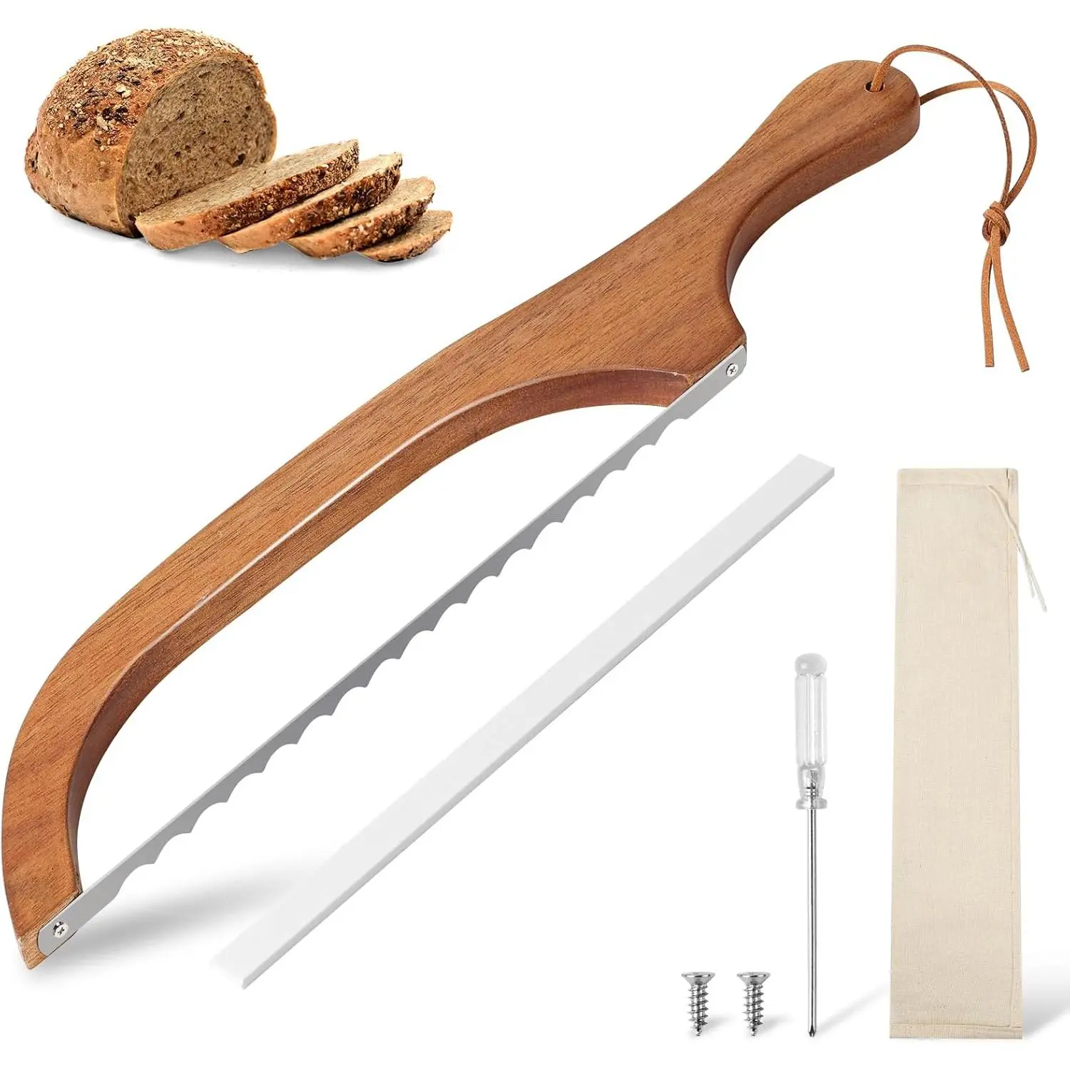 Bread Slicer for Homemade Bread, 15.7 In Wooden Sourdough Bread Knife- Ergonomic Design, Premium Stainless Steel Serrated Bread Bow Knife for Precise Cutting Baguettes Bagels