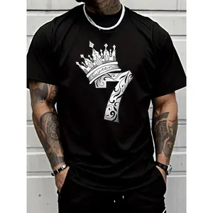 Casual Black T-Shirt for Men Featuring a Crown And Number 7 Design, Perfect for Everyday Street Style