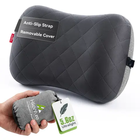 Hikenture Self Inflating Camping Pillow - Removable Washable Polyester Cover, Antileak TPU Layer, Detachable Elastic Straps Stay Put, Ultralight Compact Neck Lumbar Support for Backpacking Hiking Gear, Pillows for Sleeping