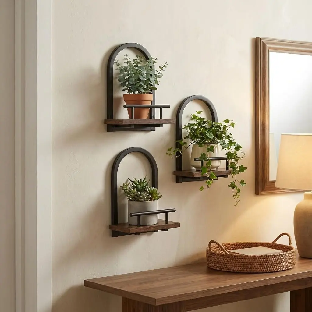 Indoor Floating Hanging Wall Plant Shelves Set of 2, Wall Mounted Plant Holder Display Organizer for Home Bedroom Kitchen Bathroom Office Decor