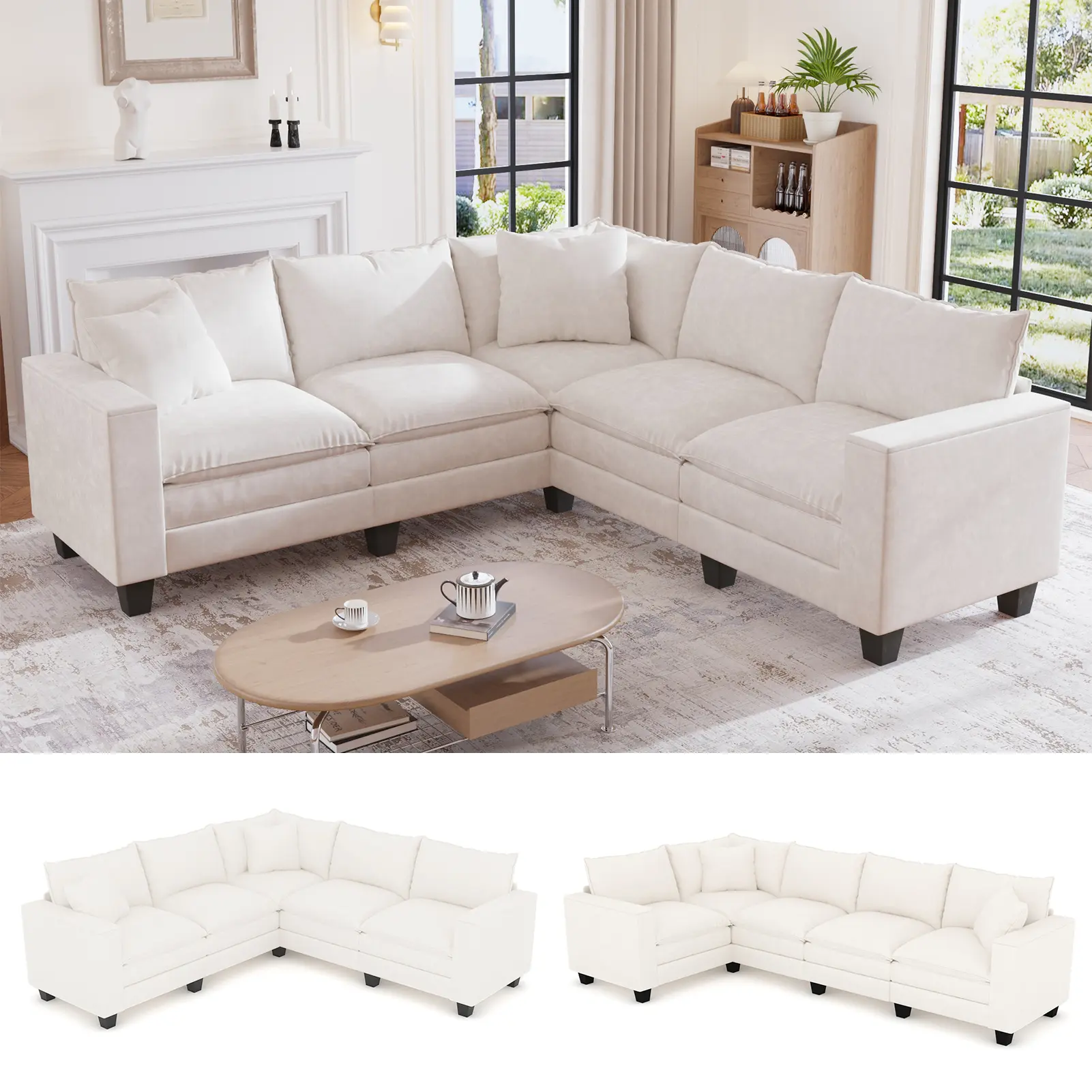 97" L Shaped Sectional Couch, Comfy Chenille Cloud Couch, 5 Seat Modular Cloud Sofa with 2 Pillows & Storage Armrests, Convertible V Shaped Corner Couch, Sectional Couches for Living Room, Beige