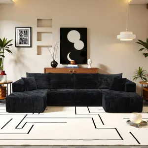 132 Inch Modular U-Shaped Sofa, Comfortable Fluffy Plush Corduroy Fabric Sofa, Convertible Sofa Bed with Recliner, Suitable for Living Room, Bedroom Ultra-Soft Black Flannel Set