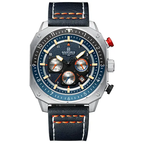 Naviforce Men's 45mm Analog Modern Waterproof Trendy Multifunctional Watch - 30M - 50M Waterproof Square Chronograph, Luminous Hands, Pig Skin Leather Strap with Buckle, Alloy Casing, Casual Sport Wear, Modern Waterproof Watch, Sporty Waterproof Watch