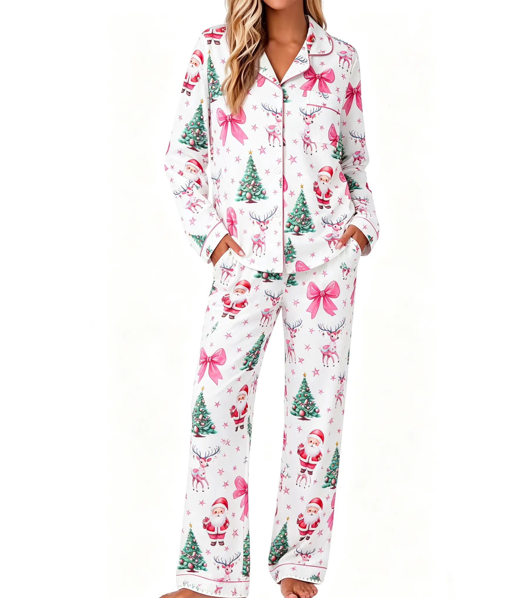 Women's 2-Piece Christmas Print Long-Sleeved Pyjama Set - Button-Up Top, Matching Pants, Comfortable Casual Loungewear for Home, Sleep, Women's Clothes