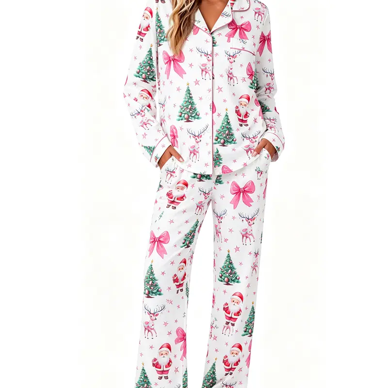 Women's 2-Piece Christmas Strawberry Print Long-Sleeved Pyjama Set - Button-Front Top, Matching Pants, Comfortable Pj Sets for Home Sleep, Pyjamas
