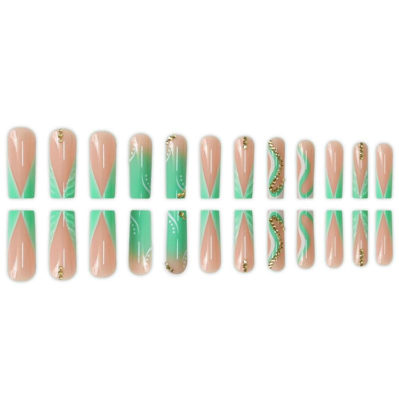 Green Gradient Rhinestones Fake Nails with Nail File & Tape, 24pcs/set Long Coffin Press on Nails for Women & Girls DIY Nail Art, Elegant Stick on Nails Kit