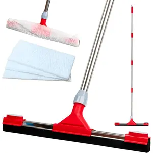 Heavy Duty Floor  for Concrete Floor - 17.3'' EVA   with Built-in Towel Clip, 62'' Extendable Handle, Uneven Surface Floor  Broom for Garage, Window, Pool, Tile, Patio &Shower