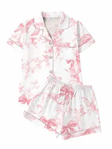 Trendy Watercolor Bow Floral Sleepwear Set, Short Sleeve & Shorts Two-Piece, All-Season Fitted Home Wear, Pajama Loungewear Womenswear, Who Wears Whos Love