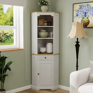 17.71*17.71*68.11 Inch Antique White Fluted Corner Storage Cabinet, E1 MDF Triamine Finish Tall Cabinet with Drawer Door Adjustable Shelf, 90° Right Angle Anti-Tipping 90LB Capacity Multi-Purpose Organizer for Home Bathroom Kitchen Living Room