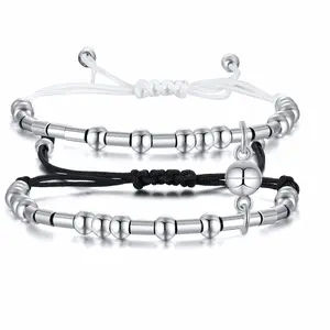 OIDEA Morse Code I Love You Couple Bracelets, Stainless Steel Beaded Braided Cord Adjustable Wristband Set
