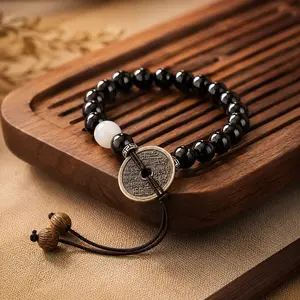 Wudang Inspired Black Obsidian Bead Bracelet with Ancient Coin Charm, Blessed Bracelet for Health, Love, Wealth, Career, Protection, Balance, Confidence, Good Luck, Calm Energy, Daily Wear Spiritual Jewelry Gift for Men Women