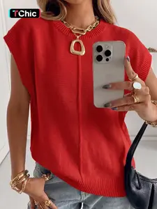 Spring Summer Elegant Versatile Knit Top, French Commute Casual Women's Round Neck Plain Hollow Out Loose T-Shirt