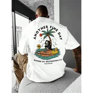 Men's Regular Fit Casual Short-Sleeve Round Neck T-Shirt - Skull Print, Tropical Beach Print Streetwear Summer Sports Top for Daily Wear, Shortsleeve,summervibes Crewneck Menswear