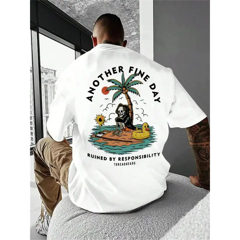 Men's Regular Fit Casual Short Sleeve Round Neck Tee - Skull & Beach Print Tropical Streetwear Summer Top for Daily Wear