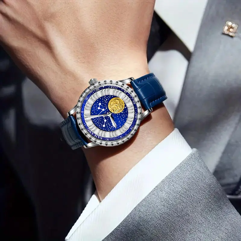 SAILANG Men's 42mm Analog Quartz Watch - Starry Sky Dial, Round Face, Luminous, Alloy Case, PU Leather Strap, Clasp, Mineral Glass, 24mAh Battery, Water-Resistant, Viral & Popular Trendy Holiday Gift for Youth, Holiday Gifts, Glowing Look, Star Sky Dial,