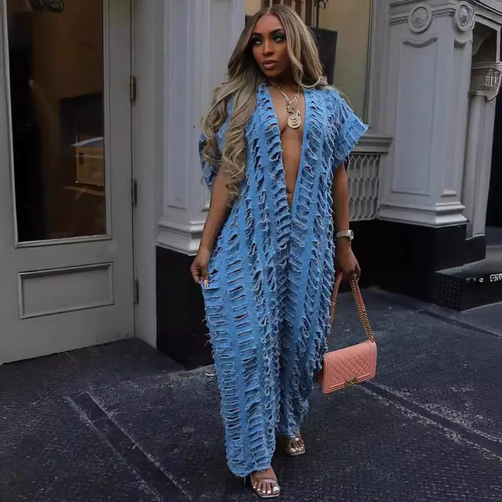Loose Denim Jumpsuit Sexy Deep V Ripped Wide Leg Jumpsuit