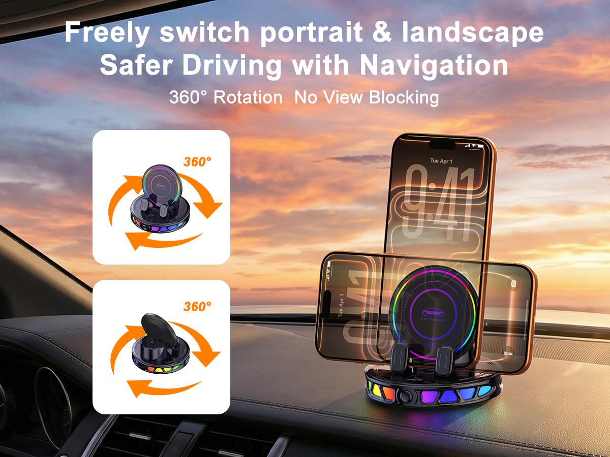 15W 360° Rotating Wireless Car Charger Phone Mount with Ambient RGB Light, Adjustable Suction Cup Holder for Dashboard & Windshield