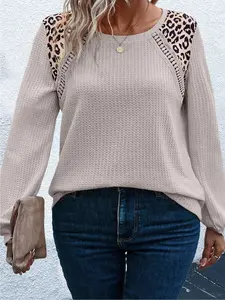 【Plus Size】 Leopard Patchwork Print Round Neck Knit Sweater Fitted, Casual Long Sleeve Crew Neck Jumper for Spring, Women's Plus Clothing for Daily Wear, Hoodie, Tops