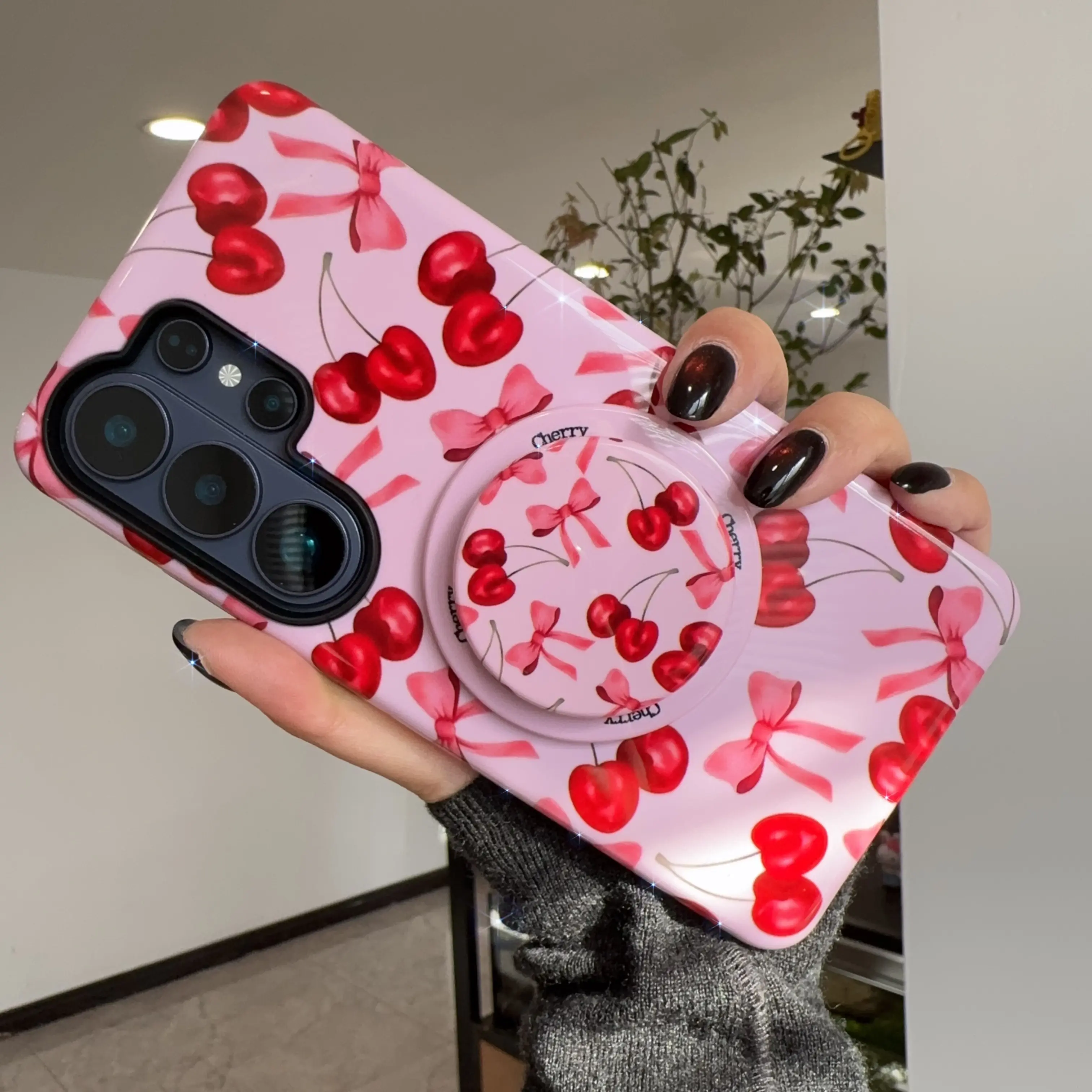 Magnetic MagSafe-Compatible Shockproof Smartphone Casing for Samsung Galaxy S26, S26 Plus, S25, S25 Plus, S24, S23 Ultra - Women's Cherry Painting Brown-Pink Leopard Handheld Device Accessory