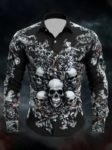 Men's Skull Floral Print Long Sleeve Dark Humor Button Front Shirt, Classic Collar Button Design, Casual Fitted Style, Spring & Fall Fashion