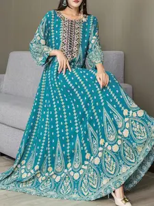 Boho Ethnic Embroidered Maxi Dress, Vintage Long Beach Vacation Skirt, Casual Holiday Travel Gown, Plus Size Women's Clothing