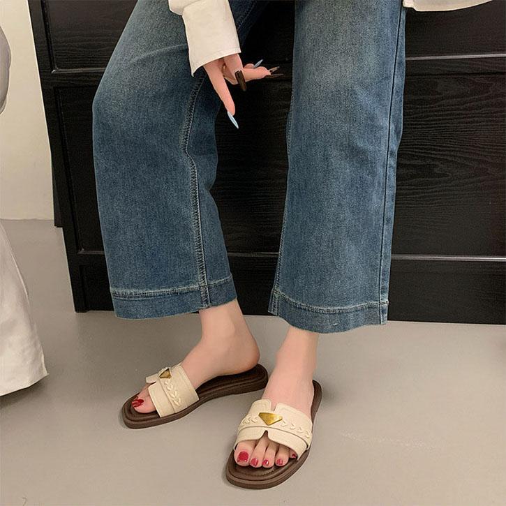 Women's Elegant Gold Triangle Accent Open Toe Mules - Comfortable Flat Sandals for Commuting & Summer Outings