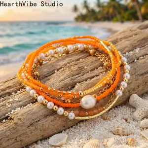HearthVibe Studio Summer Beach Style Stackable Bracelet Set Orange Seed Beads & Pearls Light Luxury Niche Design Exquisite Hand Jewelry