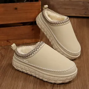 Fashion Women's Platform Mules Fuzzy Lined Winter Warm Mini Snow Boots Stylish Stitching Detail, Comfortable Indoor Outdoor Shoes