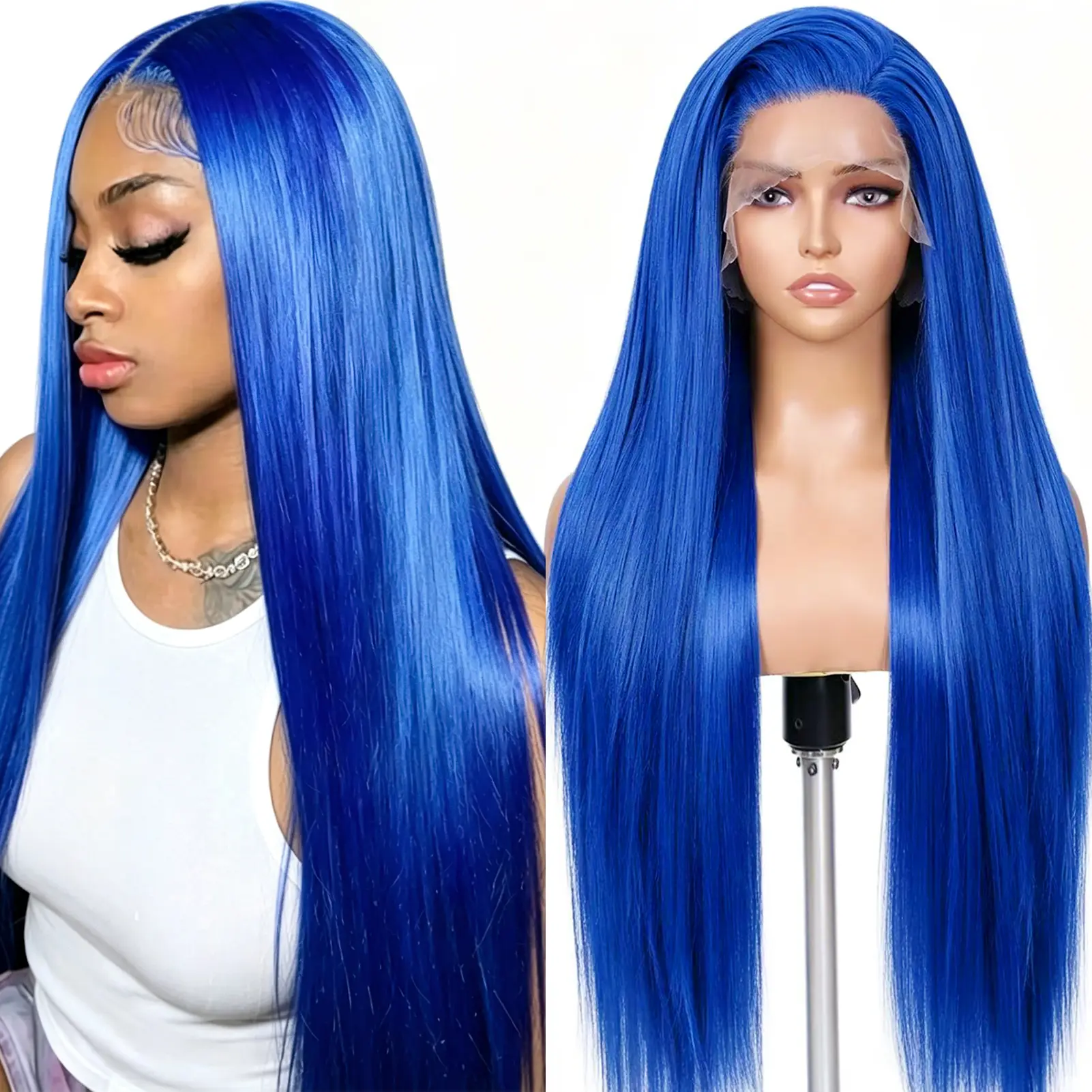 MIRELLE 13x6 Synthetic Blue Lace Front Wigs for Women HD Transparent Straight Lace Frontal Wig Pre-Plucked with Baby Hair Heat Resistant Fiber 30 Inches 220 Density #Blue