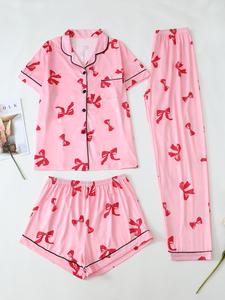 three-piece set women's bowknot & heart print pajama set, cute comfy short sleeve tee & elastic waist trousers & shorts pj set, ladies sleepwear for all seasons, pajama sets women