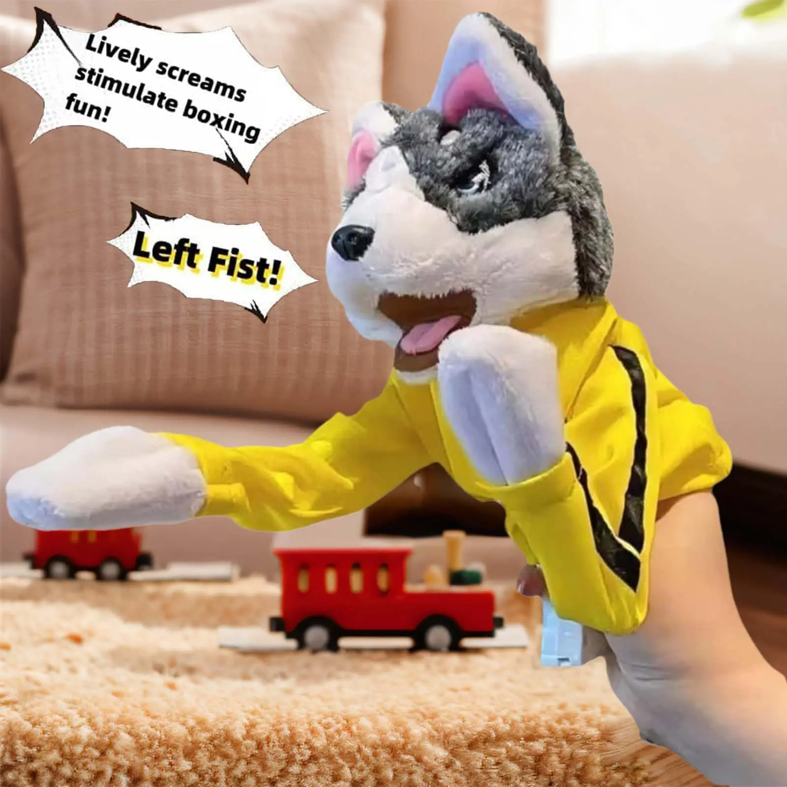 Husky Boxing Puppet with Lively Screams for Fun - Yellow Jacket, Left Fist, Stimulates Playtime